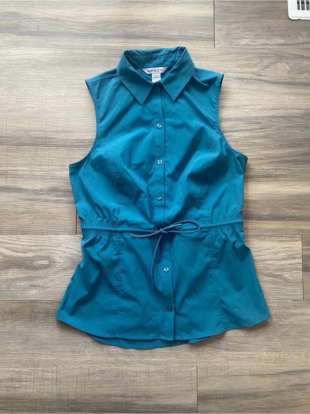 Athleta Levitate Poplin Tank Teal Sleeveless Button Front Tie Waist Top S